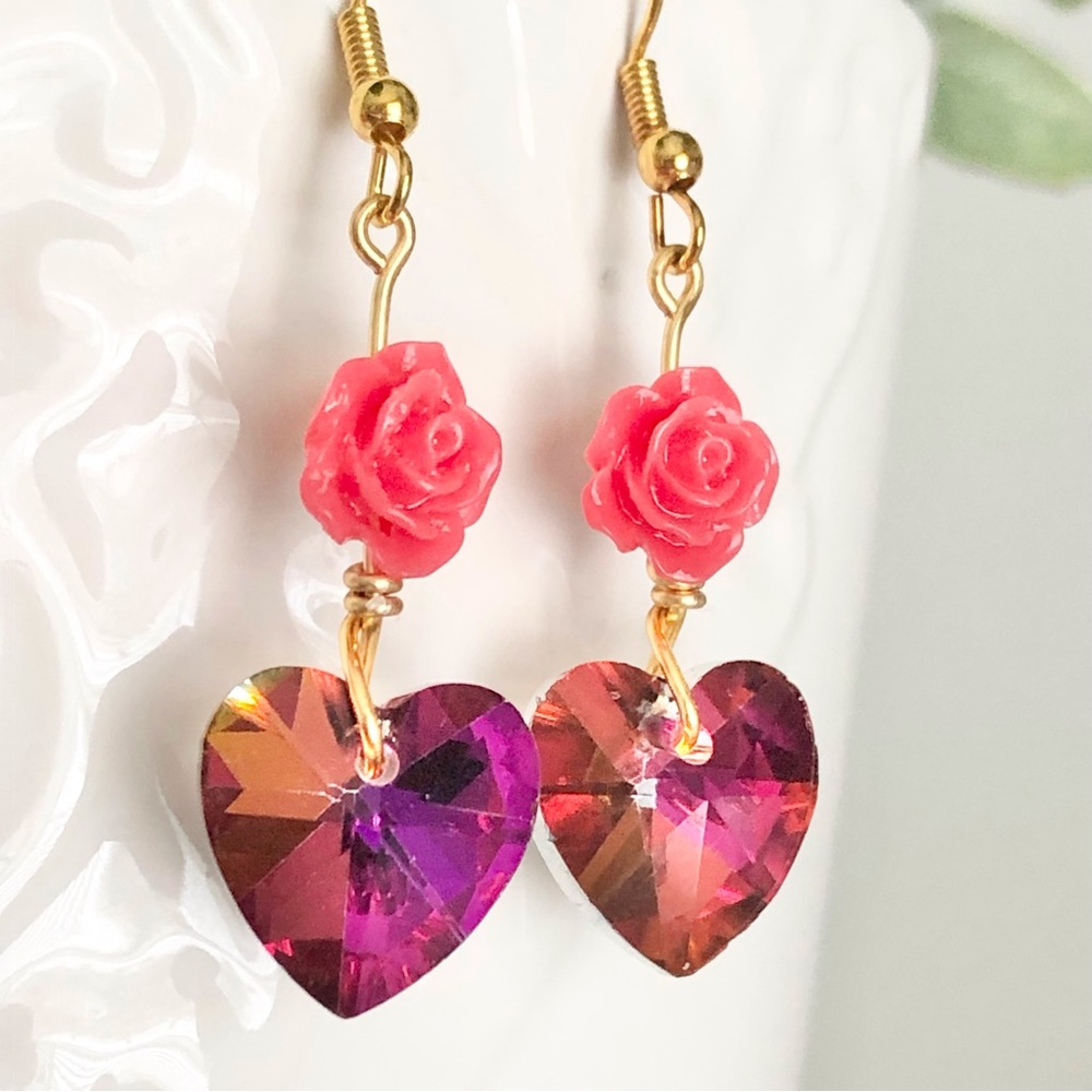 New Rose Prism Glass Crystal Heart Handmade Dangle Drop Earrings 18k Plated Hook